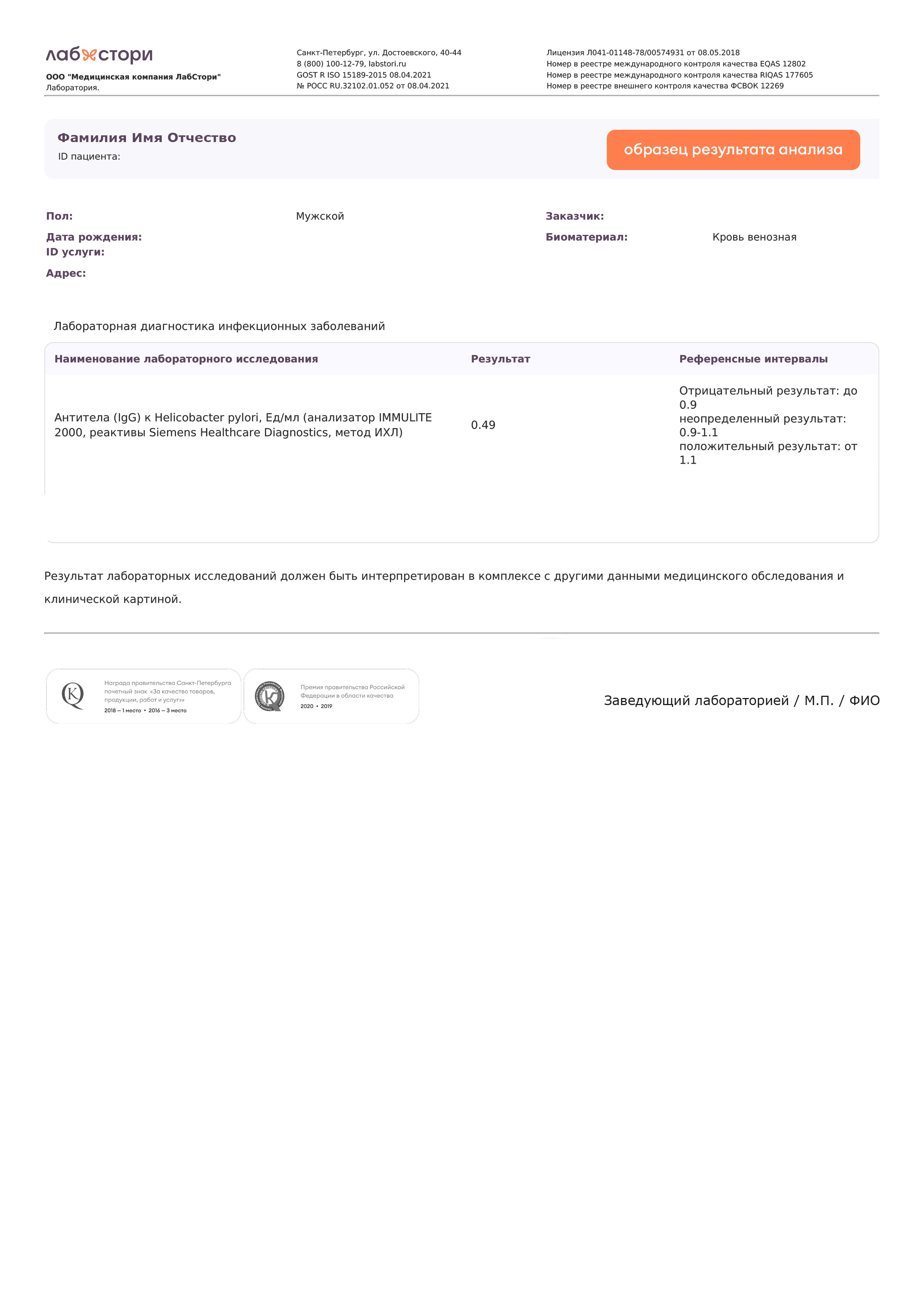 Определение антител класса IgG к Helicobacter pylori в крови (количественно) в Санкт-Петербурге