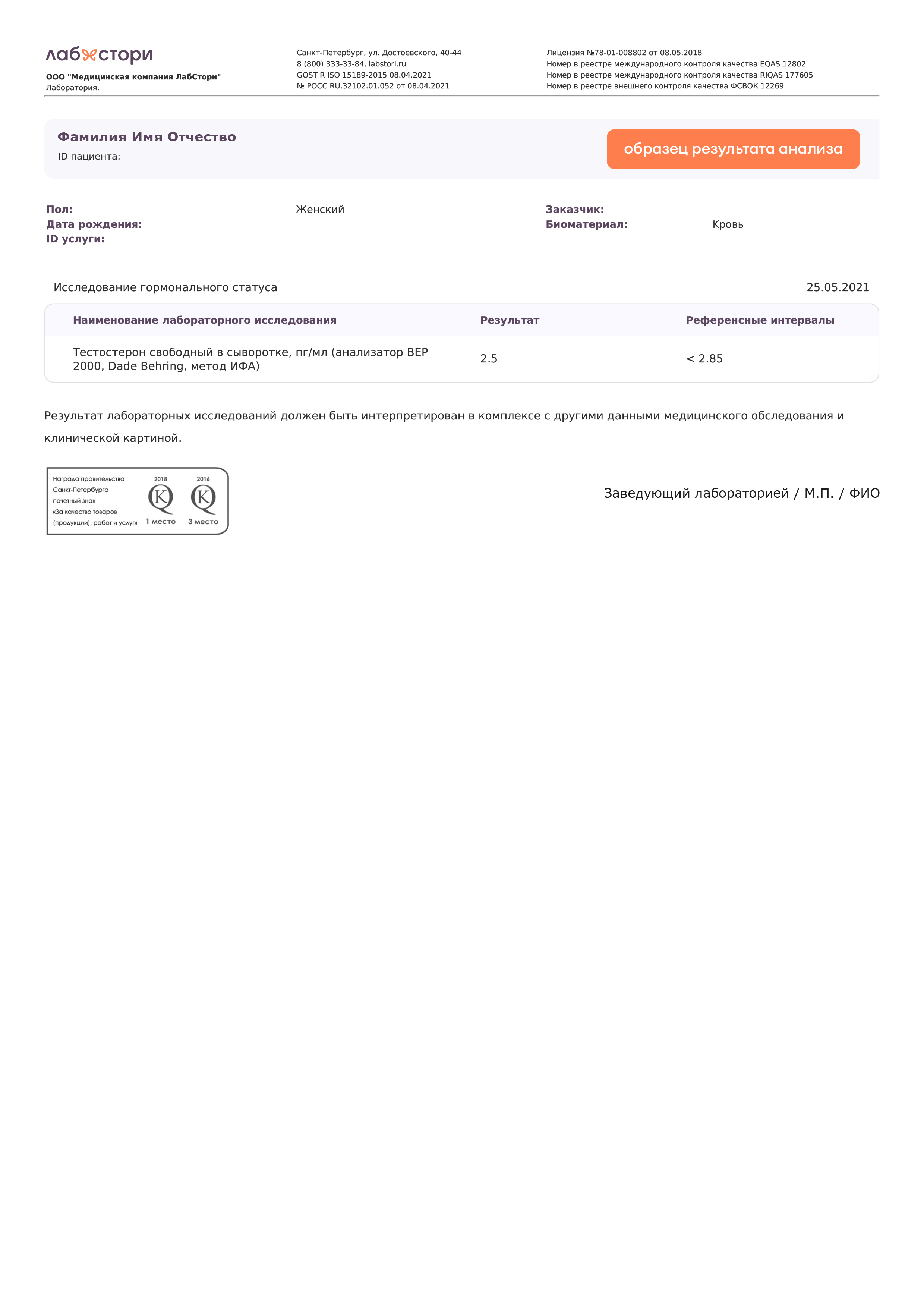 Свободный тестостерон - сдать анализ в Санкт-Петербурге в Лабстори